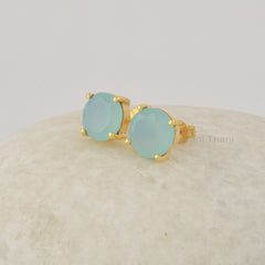 Aqua Chalcedony Studs, 925 Sterling Silver Earrings For Women, Minimalist Handmade Stud, 9mm Round Cut Gemstone Stud Earrings
