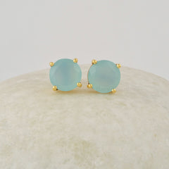 Aqua Chalcedony Studs, 925 Sterling Silver Earrings For Women, Minimalist Handmade Stud, 9mm Round Cut Gemstone Stud Earrings