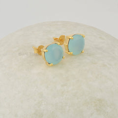 Aqua Chalcedony Studs, 925 Sterling Silver Earrings For Women, Minimalist Handmade Stud, 9mm Round Cut Gemstone Stud Earrings