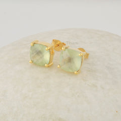 Green Prehnite Stud Earrings, 8mm Cushion Cut Gemstone Studs, Sterling Silver 18k Gold Plated Women Studs
