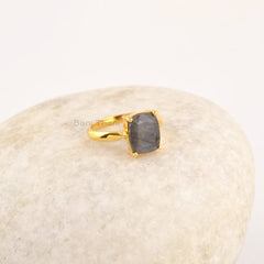 Labradorite Cushion Ring, 8x10mm Gemstone Silver Ring, 18k Gold Plated Sterling Silver Band, Stackable Gold Ring, Minimalist Rings