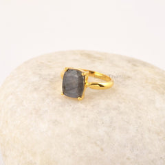 Labradorite Cushion Ring, 8x10mm Gemstone Silver Ring, 18k Gold Plated Sterling Silver Band, Stackable Gold Ring, Minimalist Rings