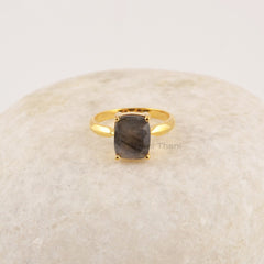 Labradorite Cushion Ring, 8x10mm Gemstone Silver Ring, 18k Gold Plated Sterling Silver Band, Stackable Gold Ring, Minimalist Rings