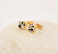 Dalmatian Jasper Studs Earrings, Round Cut Gemstone Silver Studs, Minimalist Gold Plated Studs, 925 Sterling Silver Vintage Studs Earrings