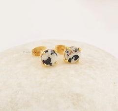 Dalmatian Jasper Studs Earrings, Round Cut Gemstone Silver Studs, Minimalist Gold Plated Studs, 925 Sterling Silver Vintage Studs Earrings