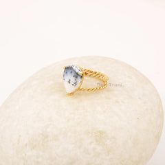 Dendritic Agate Twisted Double Band Silver Ring, Pear Shape Gemstone Handmade Ring, 18k Gold Plated 925 Silver Ring