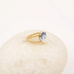 Dendritic Agate Twisted Double Band Silver Ring, Pear Shape Gemstone Handmade Ring, 18k Gold Plated 925 Silver Ring