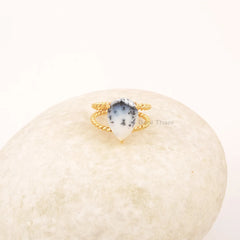 Dendritic Agate Twisted Double Band Silver Ring, Pear Shape Gemstone Handmade Ring, 18k Gold Plated 925 Silver Ring