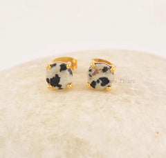 Dalmatian Jasper Studs Earrings, Round Cut Gemstone Silver Studs, Minimalist Gold Plated Studs, 925 Sterling Silver Vintage Studs Earrings