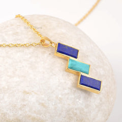 Genuine Lapis Lazuli Pendant, Dainty Turquoise Necklace, Boho Gemstone Jewelry, Earthy Necklace, 925 Sterling Silver Gold Plated Necklace For Wife