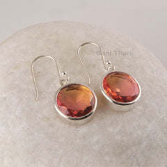 Pink Tourmaline Earrings-Watermelon Tourmaline Quartz 14mm Round Gemstone Drop Earrings-Silver Earrings-Gold Plated Earrings