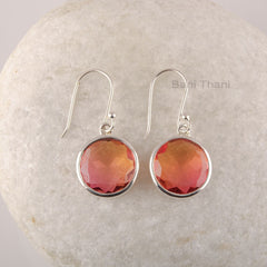 Pink Tourmaline Earrings-Watermelon Tourmaline Quartz 14mm Round Gemstone Drop Earrings-Silver Earrings-Gold Plated Earrings