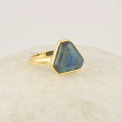 Natural Labradorite Ring, 11x11mm Gemstone Silver Ring, 925 Sterling Silver 18k Gold Plated Ring, Handmade Statement Wedding Ring For Gifts