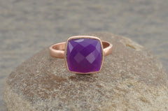 Chalcedony Rose Ring, Amethyst Chalcedony 10mm Cushion Gemstone Ring, Rose Plated 925 Sterling Silver Bezel Ring, Amethyst Rose Gift Ring