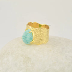 Natural Amazonite Ring - Sterling Silver Rings - 9x13mm Pear Gemstone Ring - Gold Plated Ring - Gifts for Her - Jewelry for Love