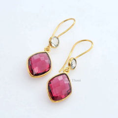 Pink Tourmaline Quartz and Crystal Quartz Sterling Silver Gold Plated Earrings