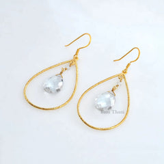 Crystal Quartz Earrings-Crystal Quartz 10x15mm Pear Gemstone Drop Earrings-Gold Plated Sterling Silver Earrings-Gift For Her-Hook Earrings