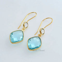 Aqua Quartz Drop Earrings, Aqua Quartz Gemstone Dangle Earrings, Gift Earrings, Gold Plated Sterling Silver Bridal Earrings, Elegant Earring