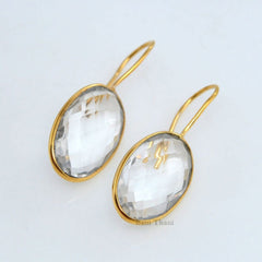 Crystal Quartz Oval Gemstone Earrings - Gold Plated Earrings - 925 Sterling Silver Dangle Earrings - Gift for Her - 12x20mm Gemstone Earring
