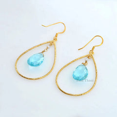 Long Dangle Earrings-Aqua Quartz Long 10x15mm Pear Gemstone Drop Earrings-Gold Plated 925 Sterling Silver Earrings-Christmas Gift Earrings