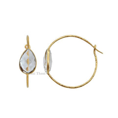 Hoop Earrings - Hand Textured Crystal Quartz Dangle Earrings - Gold Plated 925 Sterling Silver Hoop Earring - Birthday Gift Earring for Her