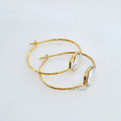 Hoop Earrings - Hand Textured Crystal Quartz Dangle Earrings - Gold Plated 925 Sterling Silver Hoop Earring - Birthday Gift Earring for Her