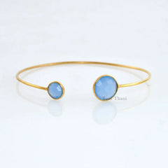 Elegant Blue Chalcedony Round Gemstone Cuff Bracelet-925 Sterling Silver Gold Plated Bangle-Gift for Her-Halloween Gift-Minimalist Jewelry
