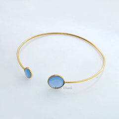 Elegant Blue Chalcedony Round Gemstone Cuff Bracelet-925 Sterling Silver Gold Plated Bangle-Gift for Her-Halloween Gift-Minimalist Jewelry
