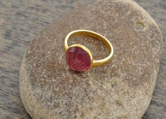 Pink Quartz Ring - Pink Quartz 10mm Round Gemstone Bezel Ring - 925 Sterling Silver Ring - Gold Plated Pink Quartz Ring - Ring for Womens