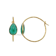 Hammered Silver Earrings - Green Quartz Gemstone Hoop Earrings - Gold Plated 925 Sterling Silver Hoop Earring - 10x14mm Pear - Gift for Her