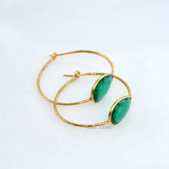 Hammered Silver Earrings - Green Quartz Gemstone Hoop Earrings - Gold Plated 925 Sterling Silver Hoop Earring - 10x14mm Pear - Gift for Her