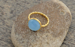 Blue Chalcedony Round 10mm Micron Gold Plated 925 Sterling Silver Ring, Twisted Ring Jewelry For Women, Beautiful Designer Ring For Girls