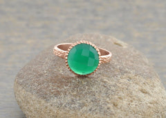 Onyx Round Ring, Green Onyx 10mm Gemstone Ring, Rose Gold Onyx Ring, 925 Sterling Silver Ring, Gift For Her, Delicate Ring, Bridal Ring