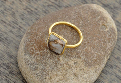 Copper White Calcite Square 10mm Micron Gold Plated 925 Sterling Silver Bezel Ring, Twisted Designer Ring For Her, Gift For Valentines Day
