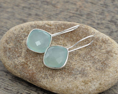Diamond Cut Gemstone Earrings, Aqua Chalcedony 12mm Cushion Bezel Earrings, 925 Sterling Silver Earrings, Hook Earrings, Delicate Earrings