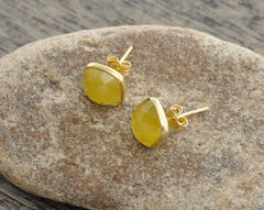 Yellow Chalcedony Faceted 9mm Cushion Micron Gold Plated 925 Sterling Silver Stud Earrings