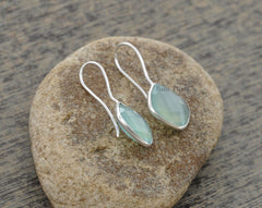 Diamond Cut Gemstone Earrings, Aqua Chalcedony 12mm Cushion Bezel Earrings, 925 Sterling Silver Earrings, Hook Earrings, Delicate Earrings