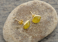Yellow Chalcedony Faceted 9mm Cushion Micron Gold Plated 925 Sterling Silver Stud Earrings