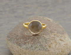 Smoky Quartz Ring, Smoky Quartz 10mm Round Ring, Smoky Quartz Gold Ring, Smoky Quartz 925 Silver Beautiful Ring, November Birthstone Ring