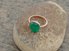 Green Onyx Ring - Gold Plated Ring - 925 Solid Silver - 10mm Cushion - Party Jewelry - Gift For Niece - Jewelry For Girls
