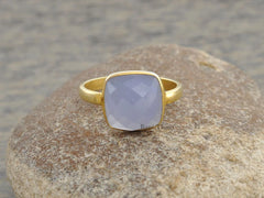 Lavender Chalcedony Cushion Ring - 10mm Faceted Gemstone Ring - Gold Plated Ring - 925 Sterling Silver Ring -Gift for Her - Womens Gift Ring