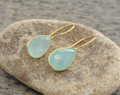 Chalcedony Earring, Aqua Chalcedony Faceted Pear 10x15mm Gold Dangle Earrings, 925 Sterling Silver Earrings, 18k Gold Plated Dangle Earrings