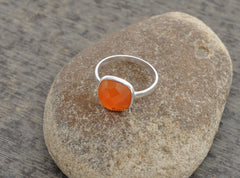 Fanta Orange Chalcedony Ring - 10mm Cushion Gemstone Ring - 925 Sterling Silver Ring - Gift For Her - Womens Gift Ring - Birthday Gift Ring