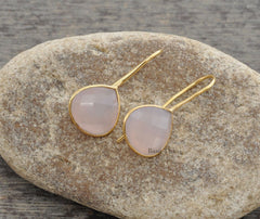 Heart Earring, Pink Chalcedony 12mm Heart Gemstone Dangle Earring, Micron Gold Plated Earring, 925 Silver Earring, Pink Heart Earrings