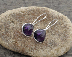 Amethyst Heart Earring, Amethyst Hydro Quartz 12mm Faceted Heart Shape Dangle Silver Gemstone Earring, 925 Sterling Silver Earring For Women