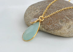 Aqua Chalcedony 16x23mm, Pink Chalcedony 8mm Beautiful Pear Faceted Micron Gold Plated 925 Sterling Silver Necklace, Christmas Gift Necklace