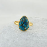 Copper Blue Turquoise Pear 10x14mm Gemstone Ring, Micron Gold Plated 925 Sterling Silver Ring, Christmas Gift Ring, Anniversary Gift For Her
