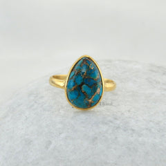 Copper Blue Turquoise Pear 10x14mm Gemstone Ring, Micron Gold Plated 925 Sterling Silver Ring, Christmas Gift Ring, Anniversary Gift For Her