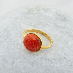 Red Turquoise Round Gemstone Ring 925 Sterling Silver Bezel Ring With Gold Plated, Round 12mm Ring For Women