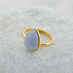 Blue Lace Agate Ring, Blue Lace Agate 10x14mm Pear Shape Gemstone Ring, Micron Gold Plated 925 Sterling Silver Gemstone Ring